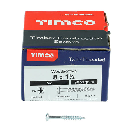 This is an image of Timco - Twin-Threaded Woodscrews - PZ - Round - Zinc 8 x 1 1/2" - (200 PCS Box) 08112CRWZ