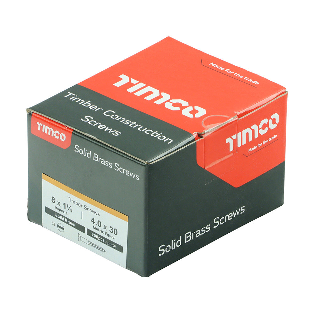 This is an image of Timco - Solid Brass Timber Screws - SLOT - Countersunk 8 x 1 1/4" - (200 PCS Box) 08114CBS