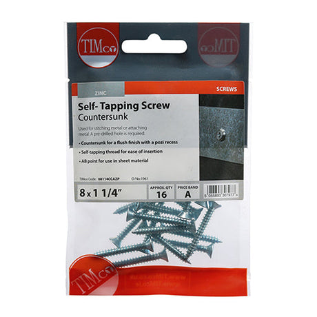 This is an image of Timco - Self-Tapping Screws - PZ - Countersunk - Zinc 8 x 1 1/4" - (16 PCS TIMpac) 08114CCAZP