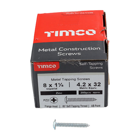 This is an image of Timco - Metal Tapping Screws - PZ - Flange - Self-Tapping - Zinc 8 x 1 1/4" - (200 PCS Box) 08114CFAZS