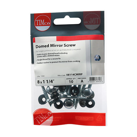 This is an image of Timco - Mirror Screws - Zinc - Chrome Dome 8 x 1 1/4" - (10 PCS TIMpac) 08114CMIRP