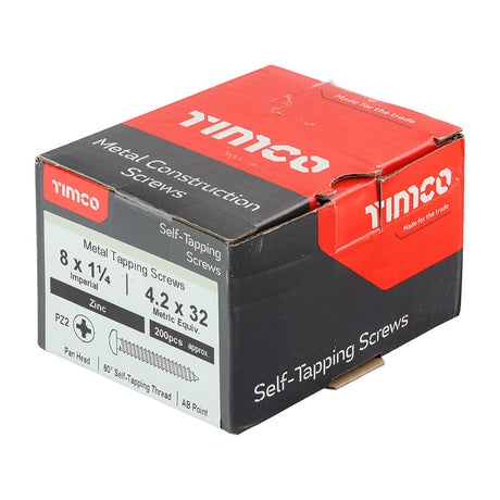 This is an image of Timco - Self-Tapping Screws - PZ - Pan - Zinc 8 x 1 1/4" - (200 PCS Box) 08114CPAZS