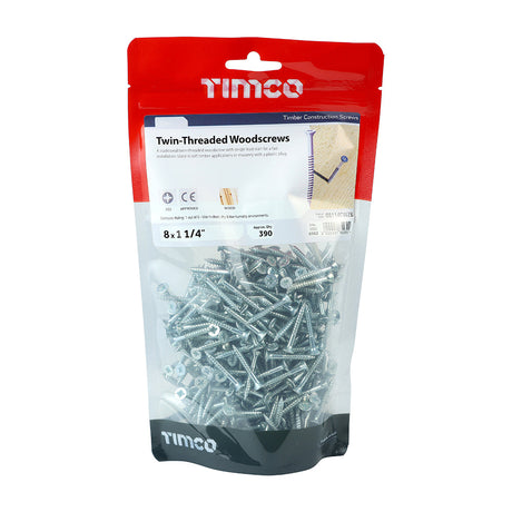 This is an image of Timco - Twin-Thread Woodscrews - PZ - Double Countersunk - Zinc 8 x 1 1/4" - (390 PCS TIMbag) 08114CWZB