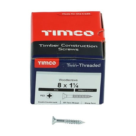 This is an image of Timco - Twin-Threaded Woodscrews - PZ - Double Countersunk - Zinc 8 x 1 1/4" - (200 PCS Box) 08114CWZ