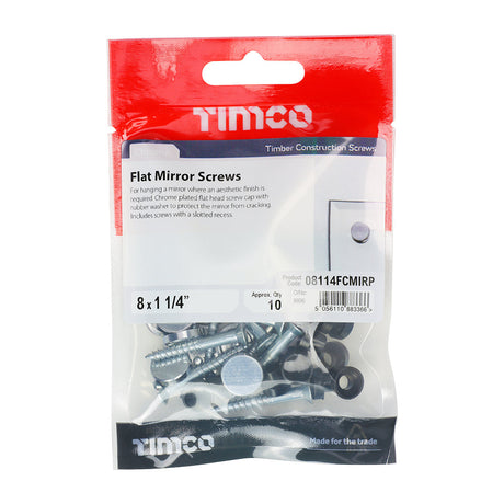 This is an image of Timco - Mirror Screws - Zinc - Chrome Flat 8 x 1 1/4" - (10 PCS TIMpac) 08114FCMIRP