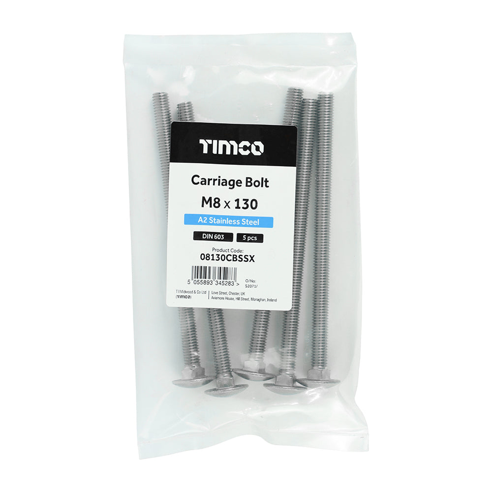 This is an image of Timco - Carriage Bolts - A2 Stainless Steel M8 x 130mm - (5 PCS Bag) 08130CBSSX