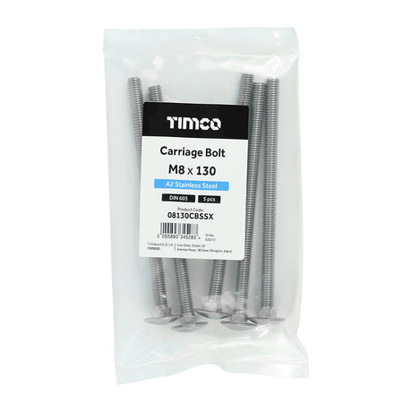 This is an image of Timco - Carriage Bolts - A2 Stainless Steel M8 x 130mm - (5 PCS Bag) 08130CBSSX