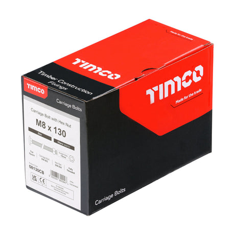 This is an image of Timco - Carriage Bolts & Hex Nuts - Zinc M8 x 130mm - (50 PCS Box) 08130CB
