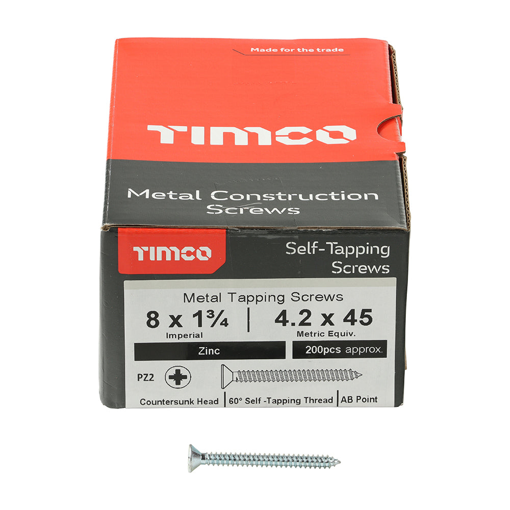 This is an image of Timco - Self-Tapping Screws - PZ - Countersunk - Zinc 8 x 1 3/4" - (200 PCS Box) 08134CCAZS