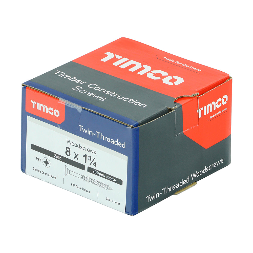 This is an image of Timco - Twin-Threaded Woodscrews - PZ - Double Countersunk - Zinc 8 x 1 3/4" - (200 PCS Box) 08134CWZ