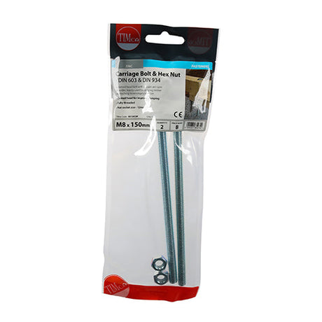 This is an image of Timco - Carriage Bolts & Hex Nuts - Zinc M8 x 150mm - (2 PCS TIMpac) 08150CBP