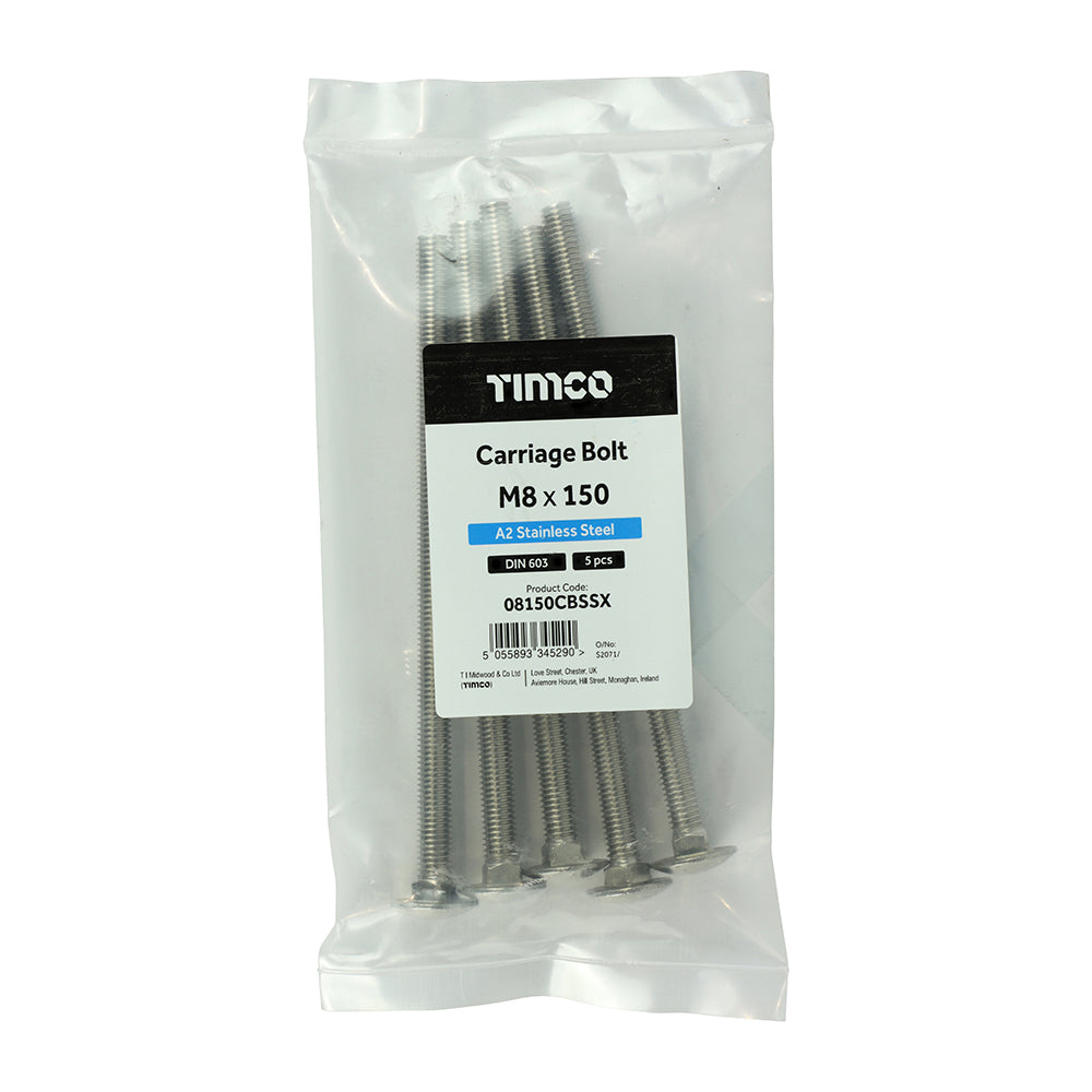 This is an image of Timco - Carriage Bolts - A2 Stainless Steel M8 x 150mm - (5 PCS Bag) 08150CBSSX