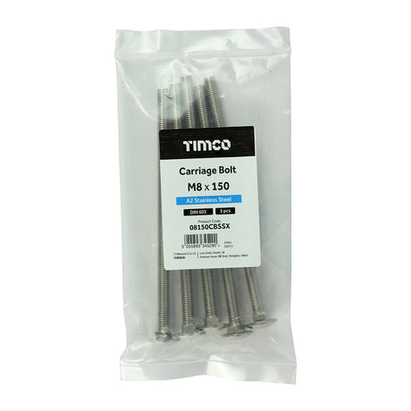 This is an image of Timco - Carriage Bolts - A2 Stainless Steel M8 x 150mm - (5 PCS Bag) 08150CBSSX