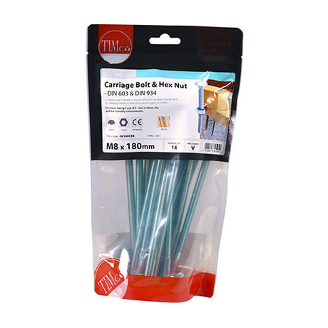 This is an image of Timco - Carriage Bolts & Hex Nuts - Zinc M8 x 180mm - (14 PCS TIMbag) 08180CBB