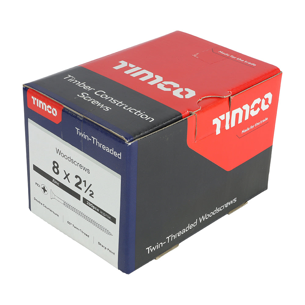 This is an image of Timco - Twin-Threaded Woodscrews - PZ - Double Countersunk - Zinc 8 x 2 1/2" - (200 PCS Box) 08212CWZ