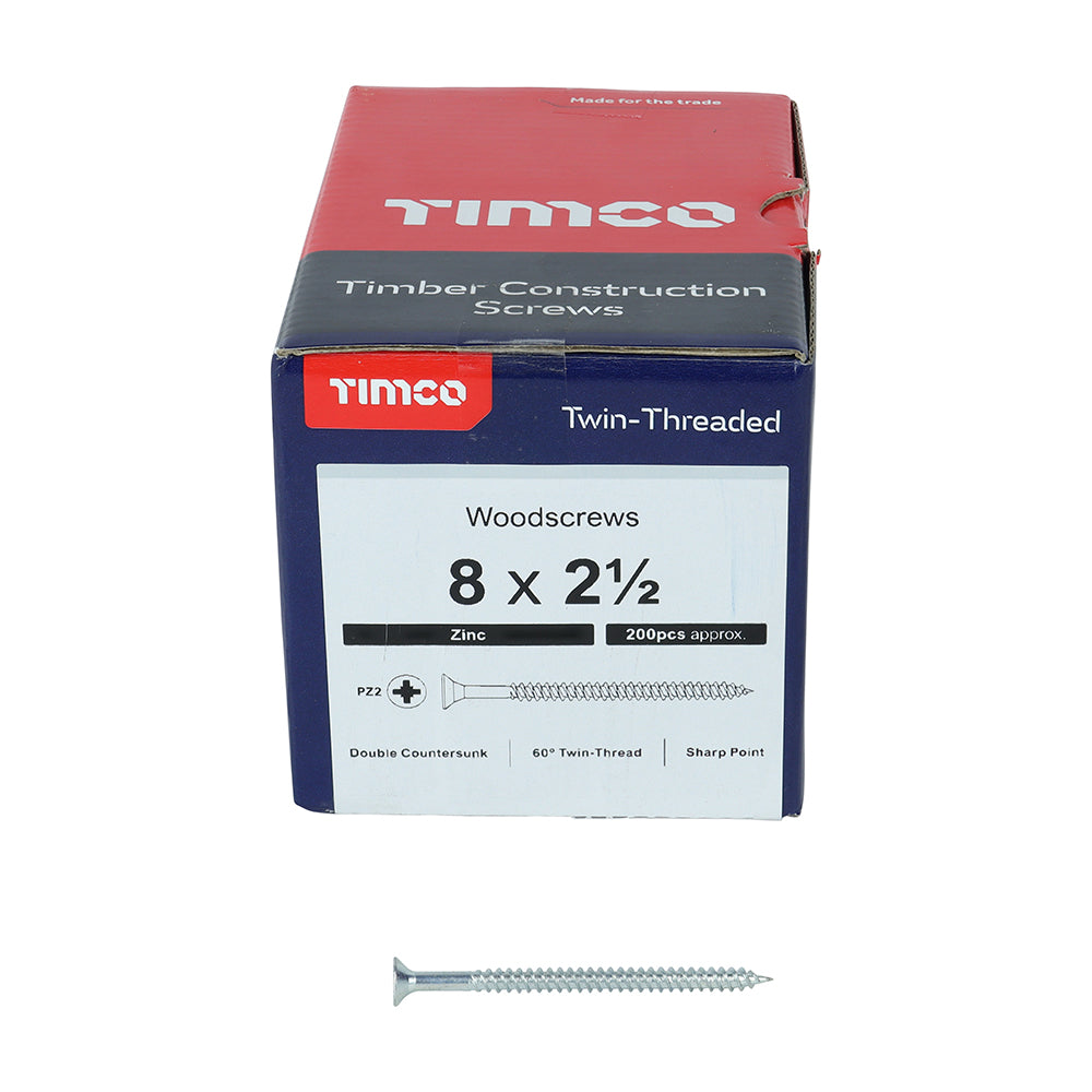This is an image of Timco - Twin-Threaded Woodscrews - PZ - Double Countersunk - Zinc 8 x 2 1/2" - (200 PCS Box) 08212CWZ