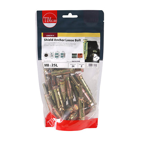 This is an image of Timco - Shield Anchor Loose Bolts - Yellow M8:25L (M8 x 75)mm - (24 PCS TIMbag) 0825LSHB