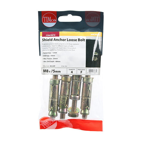 This is an image of Timco - Shield Anchor Loose Bolts - Yellow M8:25L (M8 x 75)mm - (4 PCS TIMpac) 0825LSHP