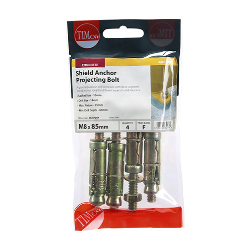 This is an image of Timco - Shield Anchor Projecting Bolts - Yellow M8:25P (M8 x 85)mm - (4 PCS TIMpac) 0825PSHP