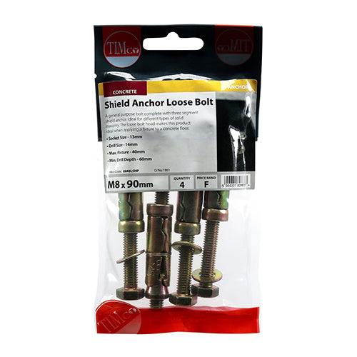 This is an image of Timco - Shield Anchor Loose Bolts - Yellow M8:40L (M8 x 90)mm - (4 PCS TIMpac) 0840LSHP