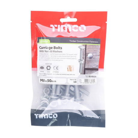 This is an image of Timco - Carriage Bolts Hex Nuts & Form A Washers - Dome - Exterior - Silver M8 x 50mm - (10 PCS TIMbag) 0850CBI
