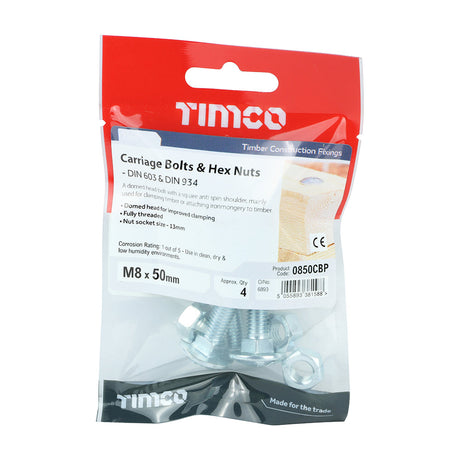This is an image of Timco - Carriage Bolts & Hex Nuts - Zinc M8 x 50mm - (4 PCS TIMpac) 0850CBP