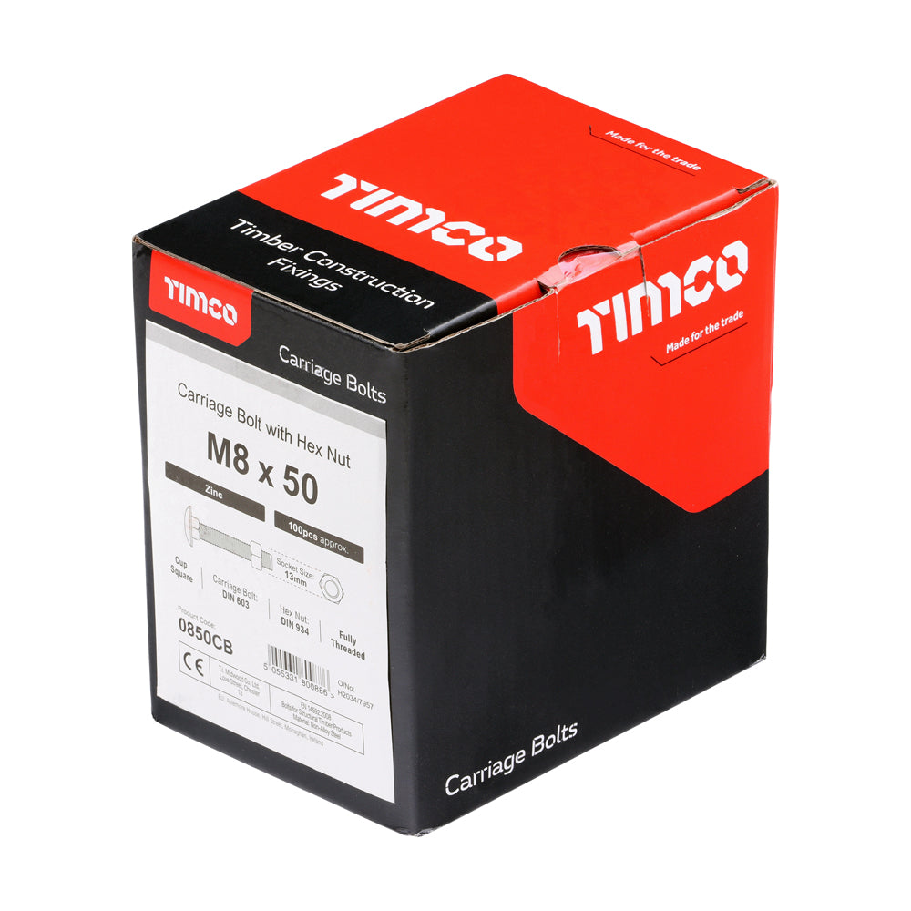 This is an image of Timco - Carriage Bolts & Hex Nuts - Zinc M8 x 50mm - (100 PCS Box) 0850CB