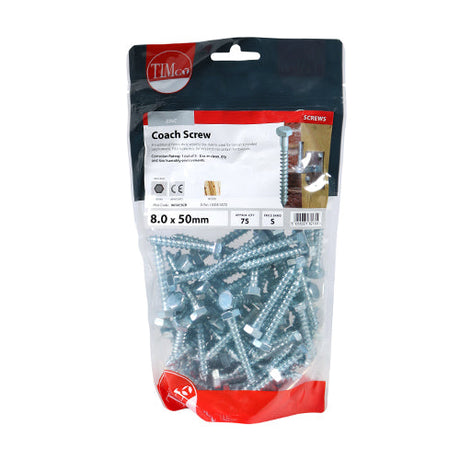 This is an image of Timco - Coach Screws - Hex - Zinc 8.0 x 50mm - (75 PCS TIMbag) 0850CSCB