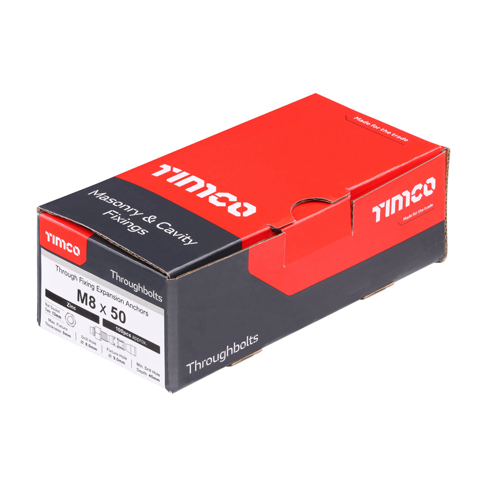 This is an image of Timco - Throughbolts - Zinc M8 x 50mm - (100 PCS Box) 0850TB