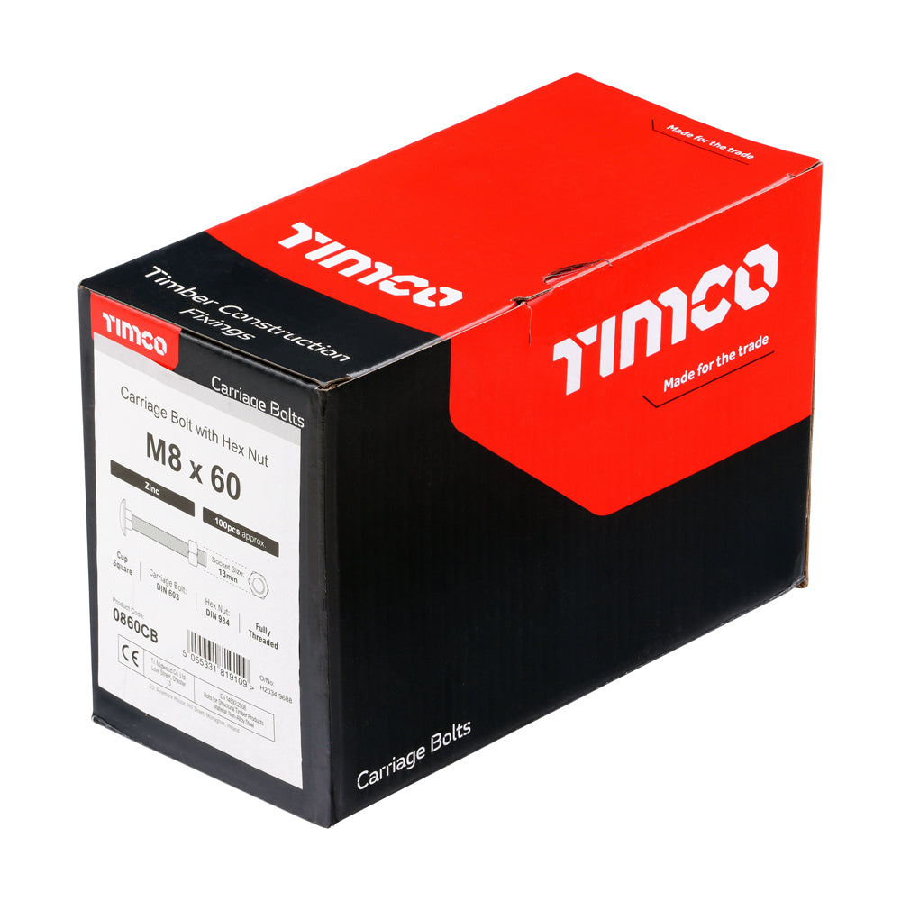 This is an image of Timco - Carriage Bolts & Hex Nuts - Zinc M8 x 60mm - (100 PCS Box) 0860CB