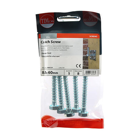 This is an image of Timco - Coach Screws - Hex - Zinc 8.0 x 60mm - (5 PCS TIMpac) 0860CSCP