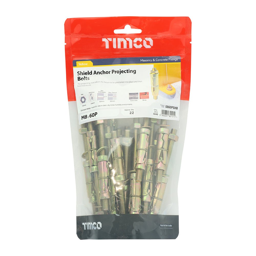 This is an image of Timco - Shield Anchor Projecting Bolts - Yellow M8:60P (M8 x 120)mm - (22 PCS TIMbag) 0860PSHB