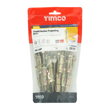 This is an image of Timco - Shield Anchor Projecting Bolts - Yellow M8:60P (M8 x 120)mm - (22 PCS TIMbag) 0860PSHB