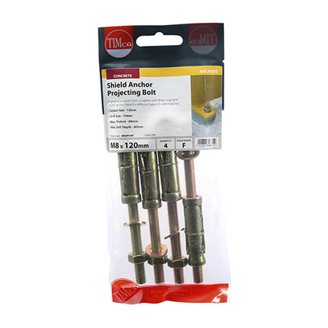 This is an image of Timco - Shield Anchor Projecting Bolts - Yellow M8:60P (M8 x 120)mm - (4 PCS TIMpac) 0860PSHP