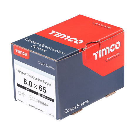This is an image of Timco - Coach Screws - Hex - Zinc 8.0 x 65mm - (100 PCS Box) 0865CSC