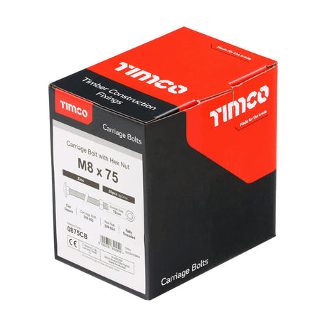 This is an image of Timco - Carriage Bolts & Hex Nuts - Zinc M8 x 75mm - (50 PCS Box) 0875CB