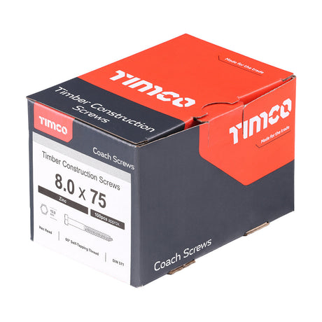 This is an image of Timco - Coach Screws - Hex - Zinc 8.0 x 75mm - (100 PCS Box) 0875CSC
