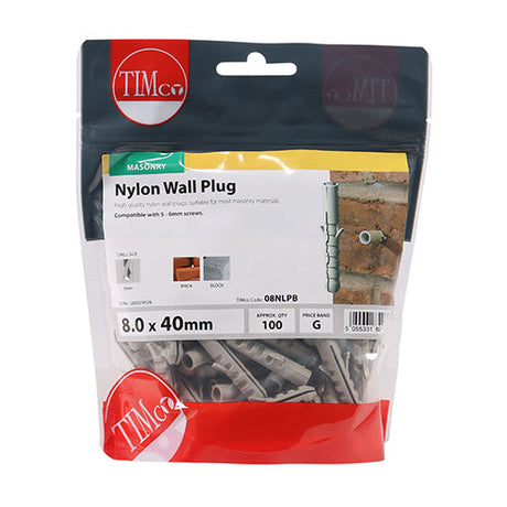This is an image of Timco - Nylon Plugs 8.0 x 40mm - (100 PCS TIMbag) 08NLPB