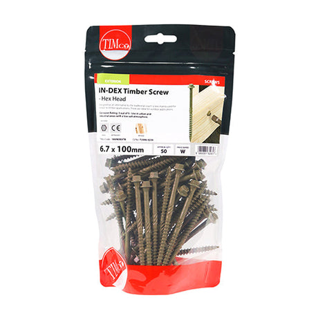 This is an image of Timco - Timber Screws - Hex Head - Exterior - Green 6.7 x 100mm - (50 PCS TIMbag) 100INDEXTB