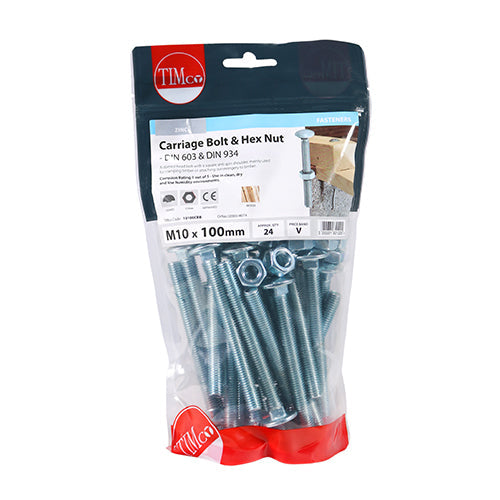 This is an image of Timco - Carriage Bolts & Hex Nuts - Zinc M10 x 100mm - (24 PCS TIMbag) 10100CBB