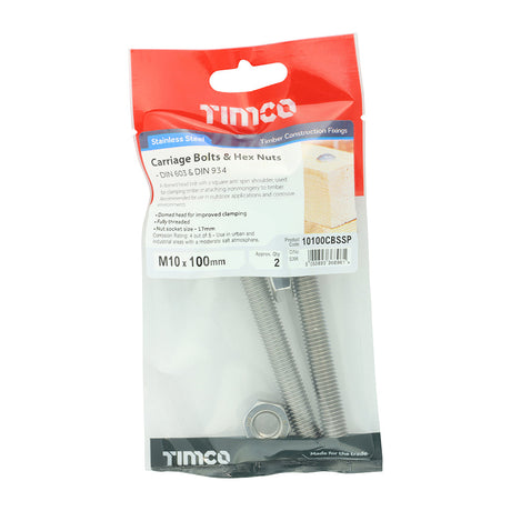 This is an image of Timco - Carriage Bolts & Hex Nuts - Stainless Steel M10 x 100mm - (2 PCS TIMpac) 10100CBSSP