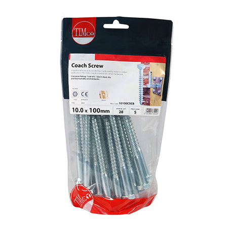 This is an image of Timco - Coach Screws - Hex - Zinc 10.0 x 100mm - (28 PCS TIMbag) 10100CSCB