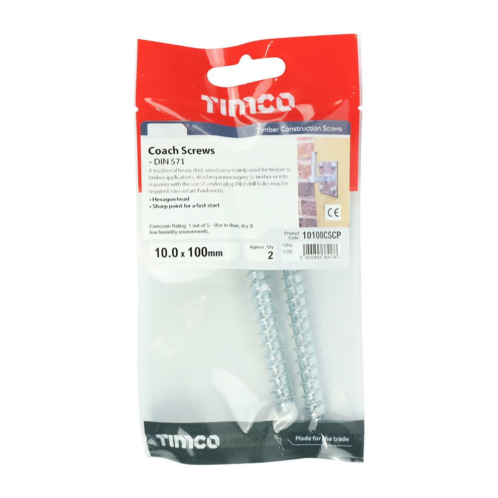 This is an image of Timco - Coach Screws - Hex - Zinc 10.0 x 100mm - (2 PCS TIMpac) 10100CSCP
