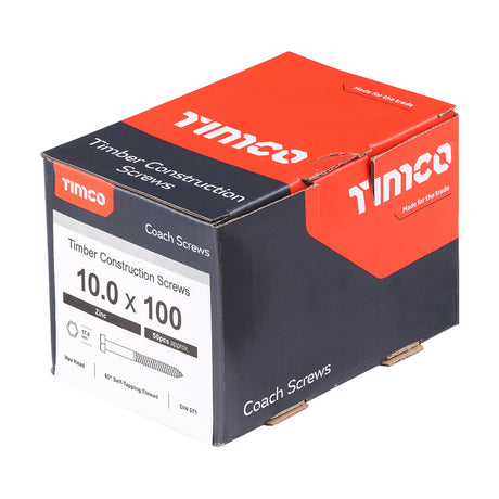 This is an image of Timco - Coach Screws - Hex - Zinc 10.0 x 100mm - (50 PCS Box) 10100CSC