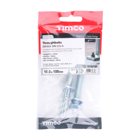 This is an image of Timco - Throughbolts - Zinc M10 x 100mm - (2 PCS TIMpac) 10100TBP