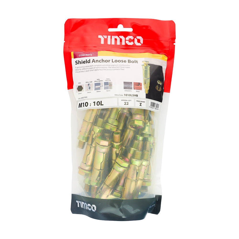 This is an image of Timco - Shield Anchor Loose Bolts - Yellow M10:10L (M10 x 70)mm - (22 PCS TIMbag) 1010LSHB