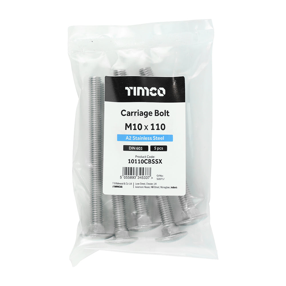 This is an image of Timco - Carriage Bolts - A2 Stainless Steel M10 x 110mm - (5 PCS Bag) 10110CBSSX