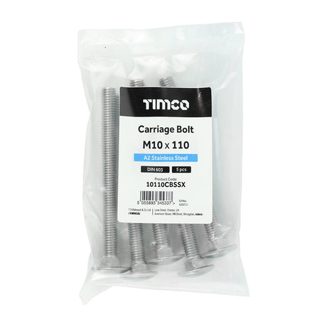 This is an image of Timco - Carriage Bolts - A2 Stainless Steel M10 x 110mm - (5 PCS Bag) 10110CBSSX