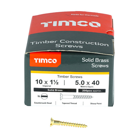 This is an image of Timco - Solid Brass Timber Screws - SLOT - Countersunk 10 x 1 1/2" - (200 PCS Box) 10112CBS