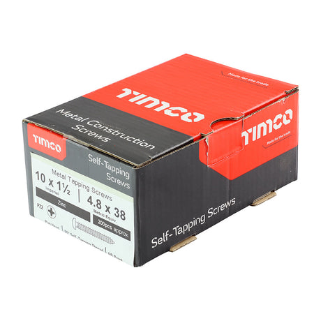 This is an image of Timco - Self-Tapping Screws - PZ - Pan - Zinc 10 x 1 1/2" - (200 PCS Box) 10112CPAZS